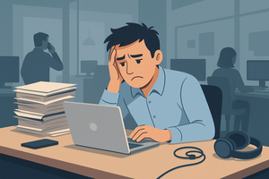 Stressed worker surrounded by paperwork.