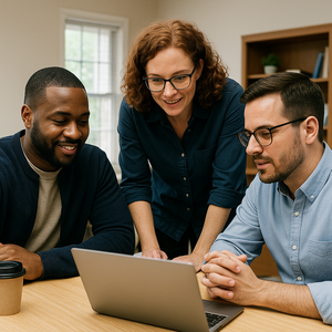 Lumberton CTA Group collaborating around a laptop.