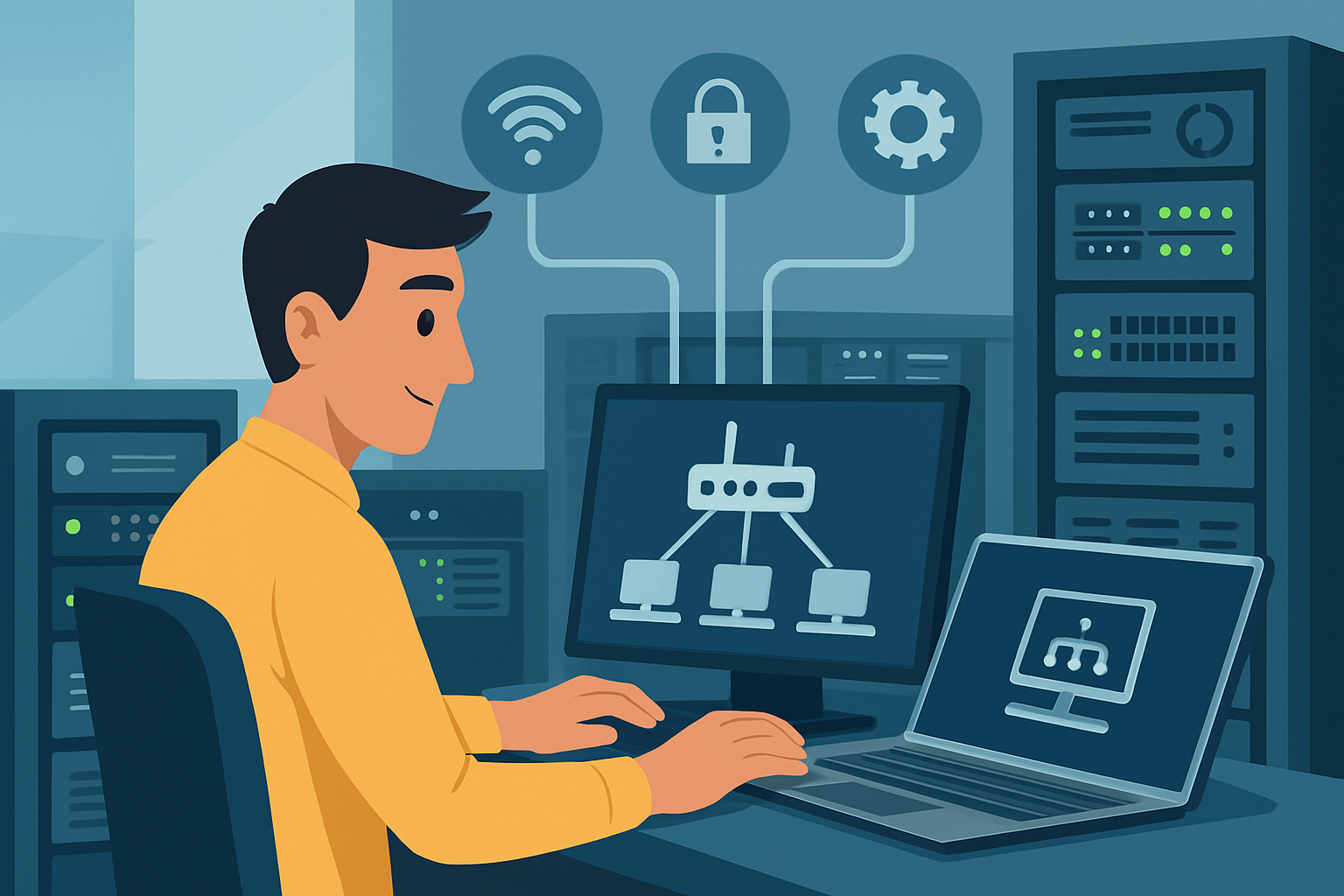 Network Hero Person managing network systems and security.