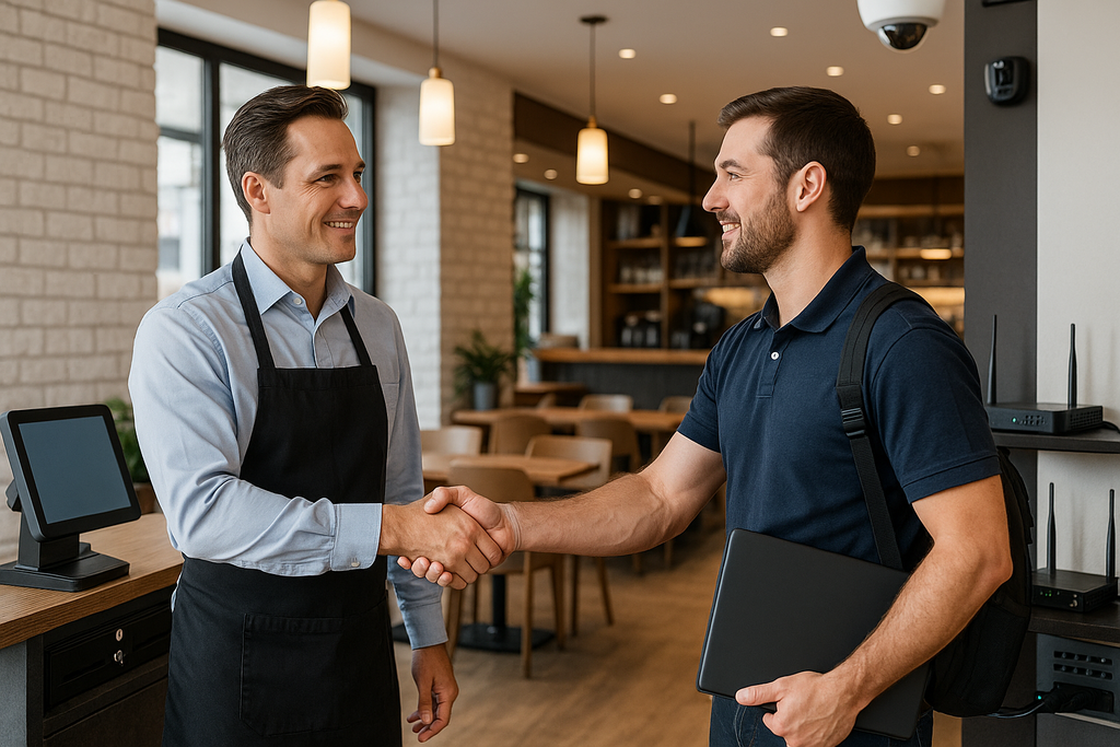 Retail CTA Two men shaking hands in cafe.