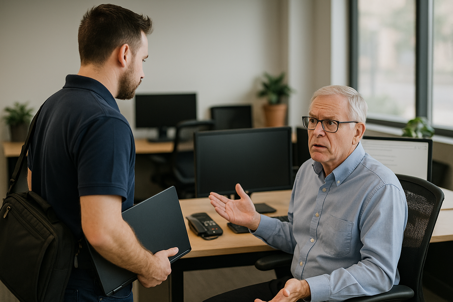 Two men discussing in office setting.